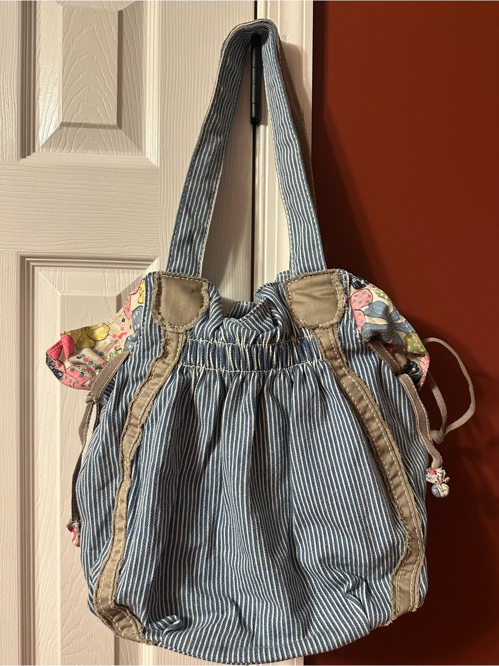 thirty-one Blue and Tan Striped Shoulder Tote with Floral Trim